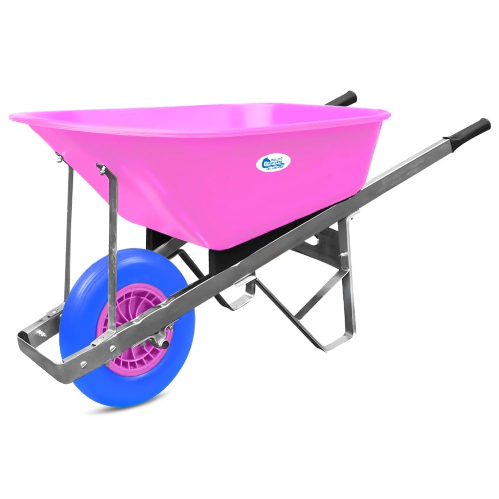 Wilcox Equimed Pink/Blue Equimed Garden Wheelbarrow - Trolley With 120L Plastic Bucket, Puncture-Proof Pu Wheel, Galvanised Frame ()