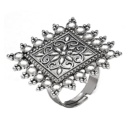 Boho Vintage Square Flower Statement Ring for Women Girls White Gold Plated Engrave Flowers Geometric Rings Comfort Fit Dainty Birthday Christmas Party Jewelry Size 6-8