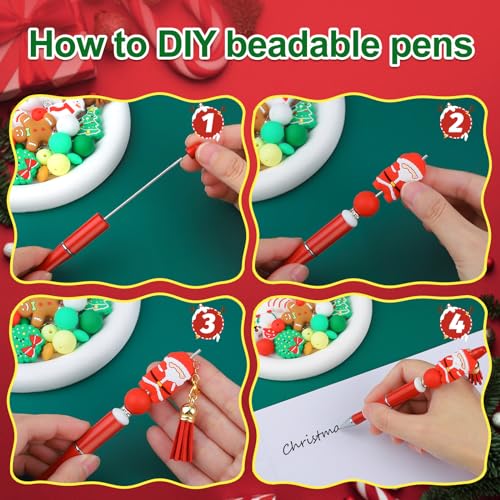 Image of CZWZ 8 Pcs Christmas Beadable Pens, Plastic Beadable Pens with Multicolor Silicone Beads, Christmas Snowman Pine Tree Floral Hoop Deer Pens for Christmas Office School Supplies