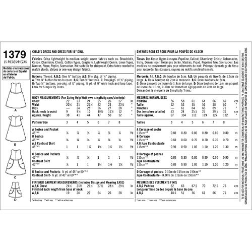 Simplicity 1379 Girl's Dress And 18'' Doll Dress Sewing Patterns, Sizes 3-8 #TOP1
