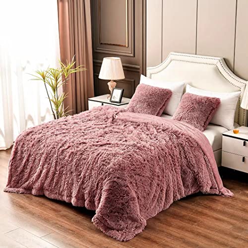 YUSOKI Pink Queen Faux Fur Winter Blanket,2 Layers,90"x90" Without Pillows Big Soft Plush Fuzzy Large Warm Fluffy Throw Blanket for Bed