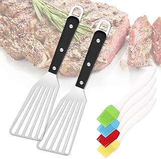 2Pcs Stainless Steel Fish Spatula, Metal Slotted Fish BBQ Fry Turner Shovel with Riveted Handle and 4 Pastry Brushes, Non-Stick Heat Resistant Fish Spatula for Cooking Fish Eggs Meat Barbecue