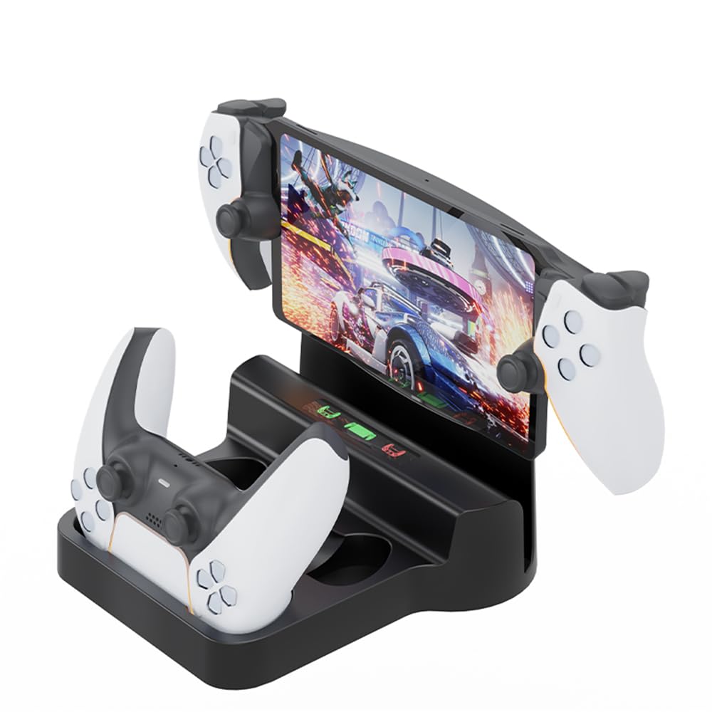 Soporte de Carga para PS Portal para PS5/PS5 Elite -Controller,Estación de Carga Base de Almacenamiento para Consola de Juegos y Mando Doble,Cargador portátil para Juegos (Negro)
