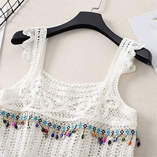 Women Beach Ruffle Sleeveless Crop Top Boho Hollow Crochet Knit Square Neck Camisole Crystal Beaded Tassel Vest4