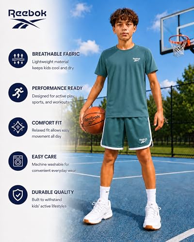 Image of Reebok Boys Athletic Shorts Set - 3 Piece Summer Clothes Outfit with Graphic Tees and Boys Running Shorts for Active Kids