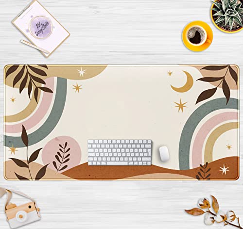 Boho Desk Mat, Abstract Retro Boho Plant Large Mouse Pad, Cute Stars Moon Xxl Gaming Large Mousepad 31.5X15.7 In, Brown Grey Boho Aesthetic Desk Pad For Women Office Decor Laptop Keyboard Mouse Mat #TOP1