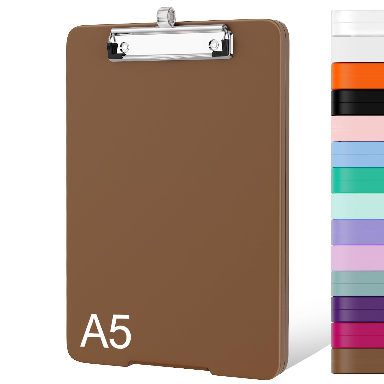 Piasoenc Small Clipboard with Storage, A5 Organization Box with Pen Holder, Plastic Clipboard with Low Profile Clip for Nurses, Teachers, Lawers, Brown