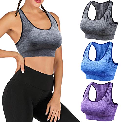 3Pcs Sujetadores Deportivo Mujer Almohadilla Desmontable Sin Costuras Bra Deporte Bralette con Almohadillas Extraíbles Cómodo Tank Top Camisole Mujer para Gimnasio Yoga Bailar, Violeta/Gris/Azul (M)