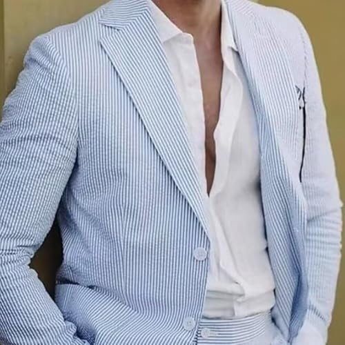 Mens Seersucker Summer Suits 2 Pieces Blazer Pants Suit for Wedding Mens Formal Suits Slim Fit Chic3