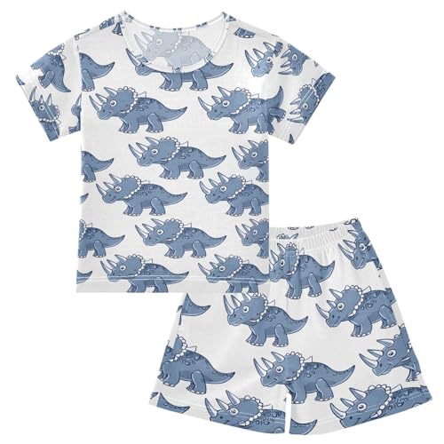 ALAZA Triceratop Dinosaur Blue Pajamas Set Short Sleeve Cotton Sleepwear Summer Pjs 2 Piece 5-14Y