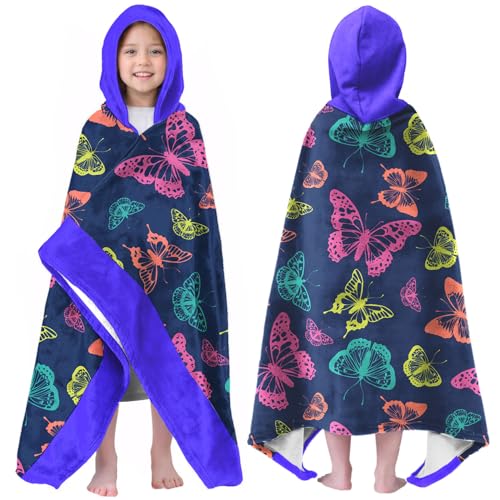 Image of Butterfly Print Girls Beach Towel with Hoodie for Kids Toddlers Age 4-8, Colorful Bath Towels Shower Wrap for Girls, Hooded Poncho Beach Blanket for Pool Swimming Cute Wearable Bath Towel for Child