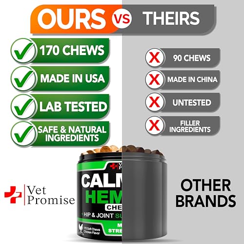 Image of Vet Promise Hemp Calming Chews for Dogs Anxiety - Advanced Dog Calming Chews - 170 Treats - Dog Anxiety Relief with Hemp Oil - Hip and Joint Supplement Health Support for Dogs - Made in USA