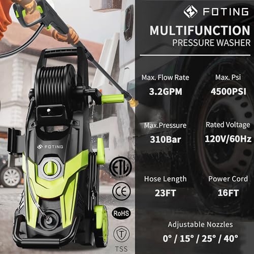 2025New Pressure Power Washer 4500PSI with 4 Quick Connect Nozzles,Inlet Hose & Filter, Foam Cannon for Cars/Fences/Driveways/Patios/Home Cleaning(Green)