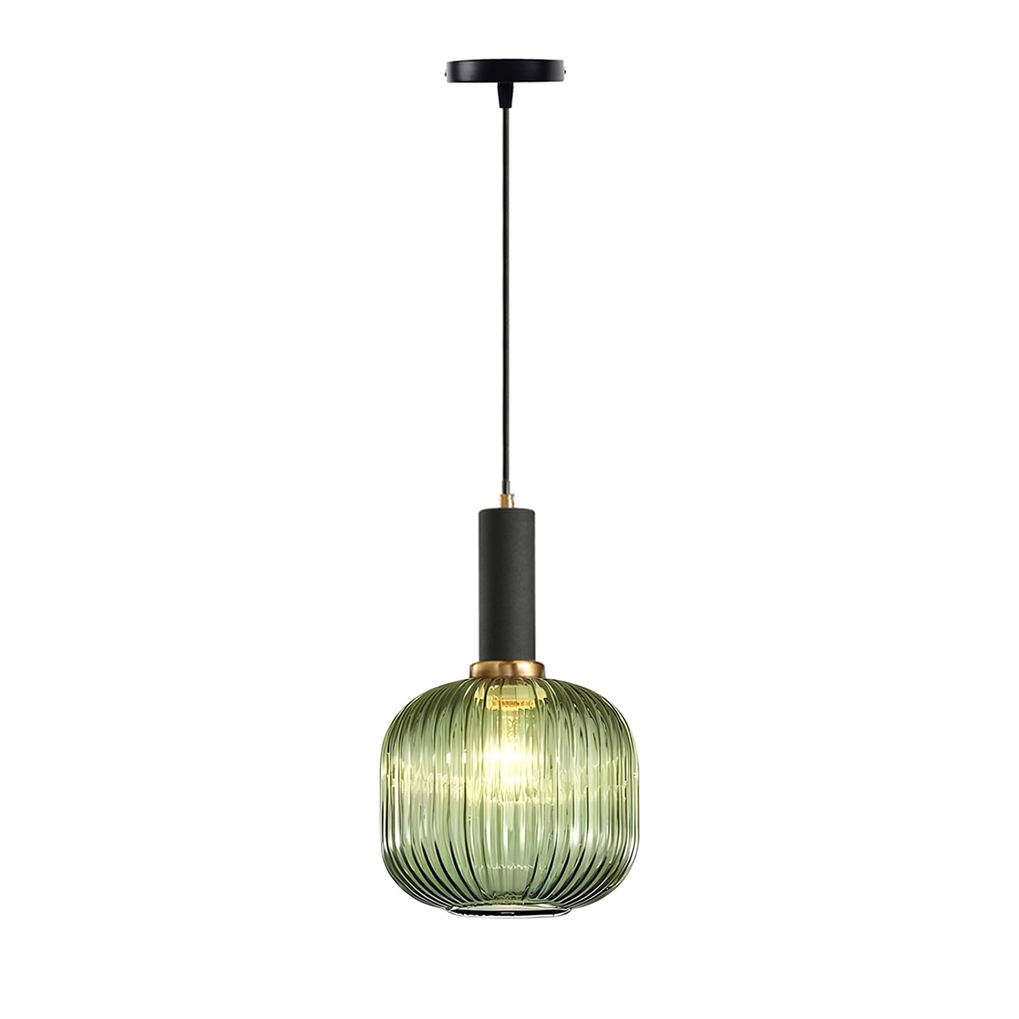EKSED Modern Ribbed Glass Pendant Light with E27 Socket, Ceiling Hanging Light Fixture for Kitchen Island, Bedroom (Green, 20cm)