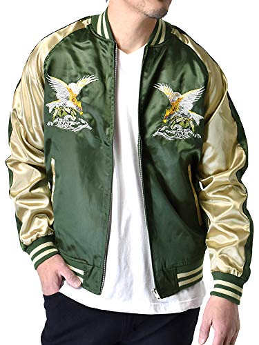 [アルージェ] スカジャン メンズ サテン 和柄 ジャケット MA-1 秋 春 アウター / D7M / XL 鷲柄グリーンのサムネイル