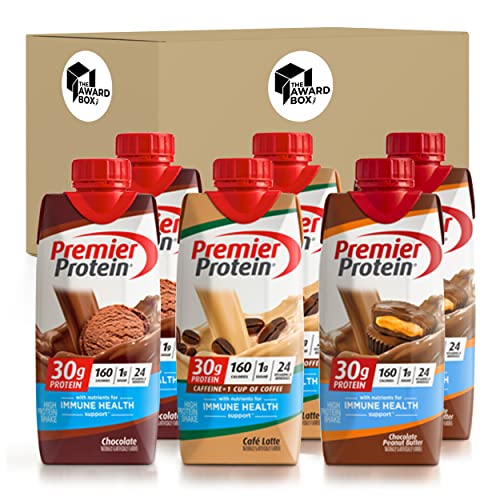 Premier Protein Chocolate Peanut Butter, Chocolate, Caffe Latte | High Protein Shakes Variety Pack in The Award Box Packaging 11 Fl. Oz Each (Chocolate Peanut Butter, Chocolate, Caffe Latte) 6pk