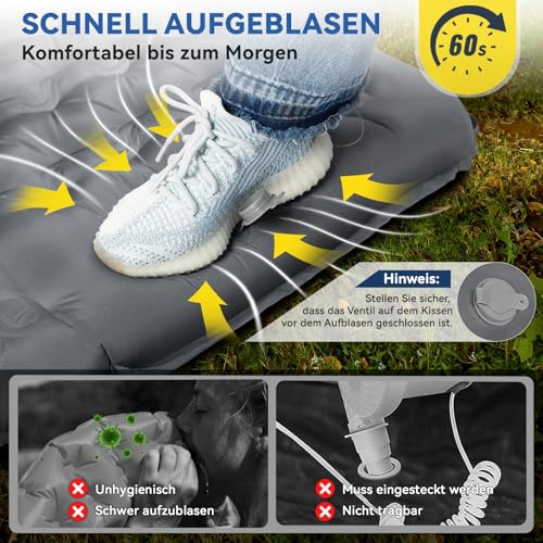 HIKENTURE Isomatte Selbstaufblasend, 13CM Ultradicke Isomatte Camping mit Kissen, Aufblasbare Luftmatratze Kleines Packmaß, Ultraleichte Schlafmatte mit Fußpumpe für Outdoor, Wandern, Zelt - Grau