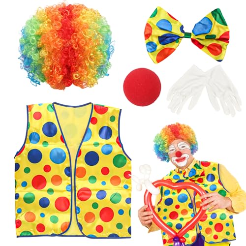Phlognfy Disfraz de payaso para adultos, disfraz de payaso de circo, con peluca, nariz, guantes, corbata, chaleco, para Halloween, carnaval, circo, fiesta, accesorio