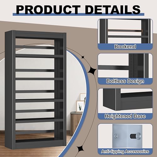Image of 61 inch Metal Bookshelf, Small 5 Shelf Bookcase, 5-Tier, Black | Adjustable Shelves, Heavy-Duty Metal, Modern Style, Anti-Tip Design, Ideal for Living Room, Home Office, Study Room