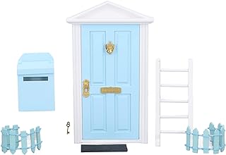 Tissting Elf Fairy Door Kit, Tooth Fairy Magic Door Set, Miniature Wooden Door Set with Door Lock, Mailbox, Fence, Ladder, Foot Pad for Decorate 1:12 Dollhouse DIY Craft Activities(Blue)