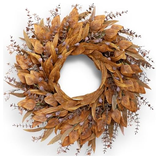 27+ Cozy Fall Porch Decorating Ideas to Try This Season 4 26'' Eucalyptus Wreath for Front Door - Autumn Large Artificial Eucalyptus Outdoor Wreath for Porch, Window,Farmhouse,Home,Holiday,Hanging Fall Decorations (Orange)