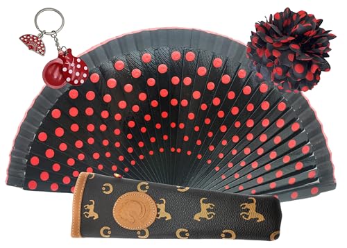 Planta Color Abanicos Flores, Paisajes y Figuras de Colores con Funda Artesanal. Precioso Abanico de Madera con Funda Fabricada en España. (Negro LR Pinza LR)