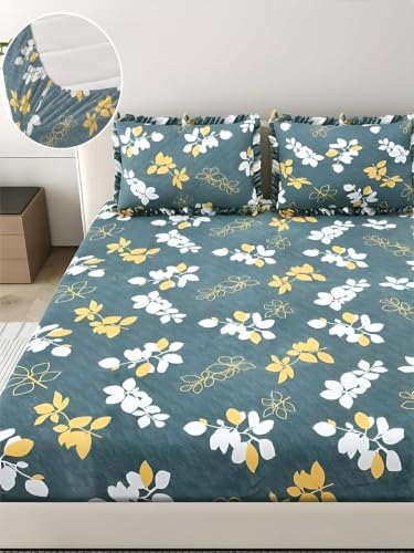 Image of King Size Fitted Bedsheet for Double Bed | 300 TC Cotton Feel Microfiber | All Around Elastic with 2 Frill Pillow Covers | Soft & Durable | (GreenYellowFrill, Fitted -60x78 Queen)