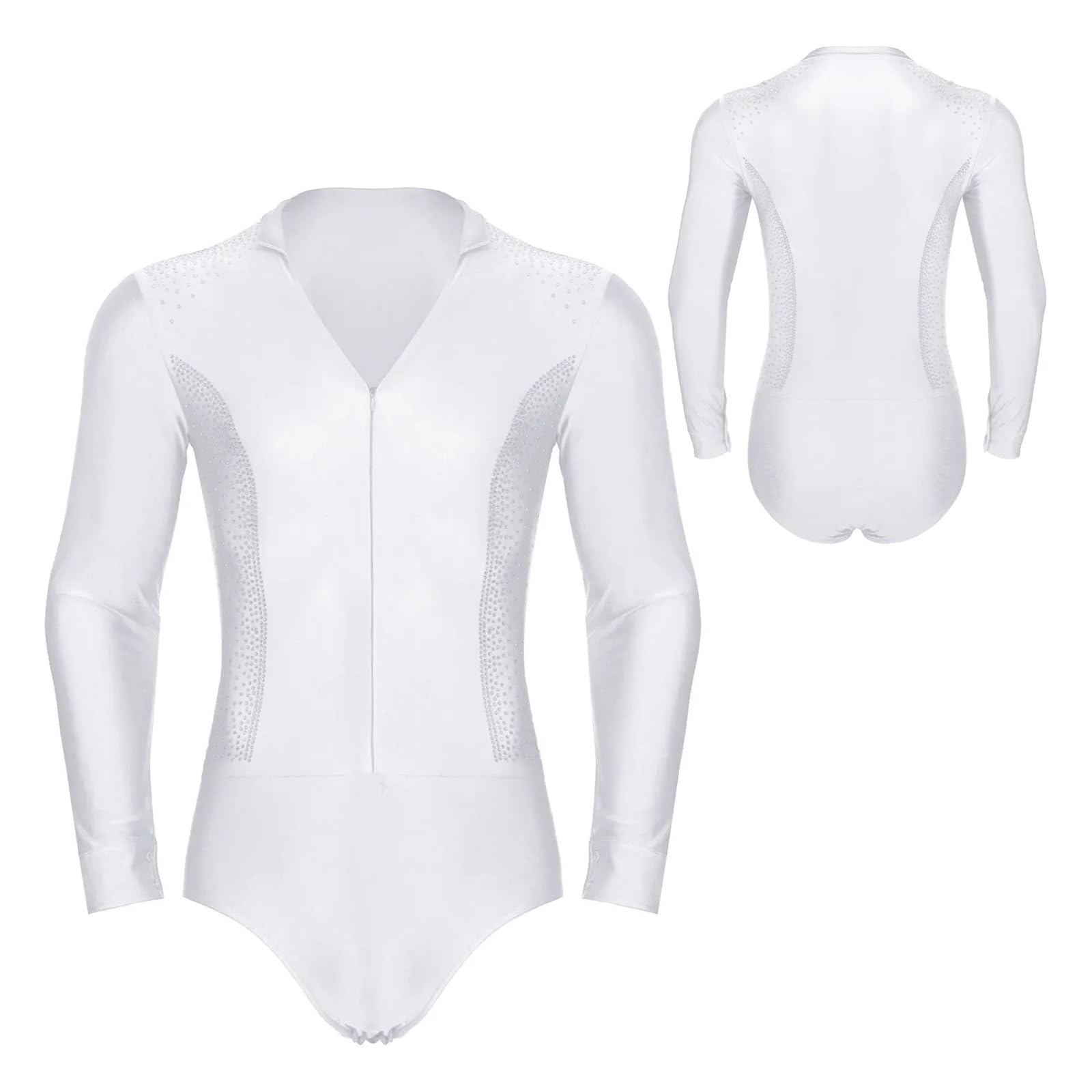 Maillot de Danza para Hombres Traje de Baile de Patinaje artístico for Hombre, Traje de Baile Latino, Tango, Baile de salón, Camisetas, Leotardo con Diamantes de imitación Brillantes(White,M)