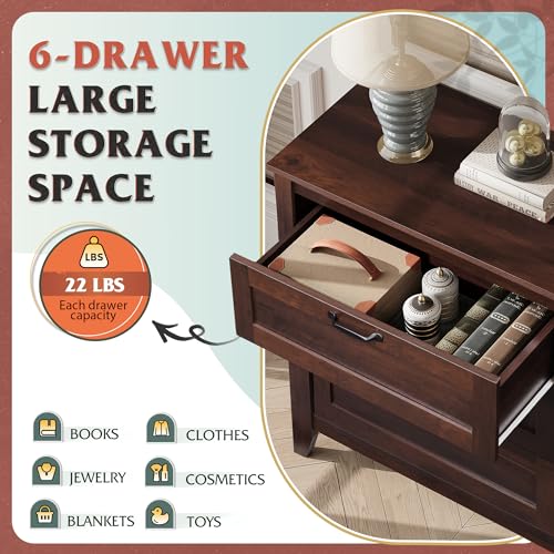WLIVE-6-Drawer-Dresser-Retro-Chest-of-Drawers-with-Metal-Handle-Double-Wood-Dresser-for-Bedroom-Living-Room-Large-Storage-Cabinet-Brown WLIVE 6 Drawer Dresser Retro Chest of Drawers with Metal Handle Double Wood Dresser for Bedroom Living Room Large Storage Cabinet Brown