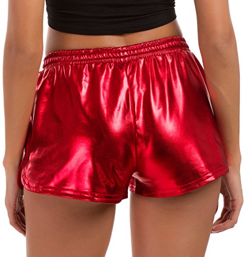 Tandisk Women's Yoga Hot Shorts Shiny Metallic Pants With Elastic Drawstring Red M #TOP2