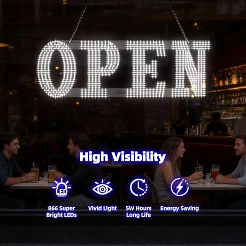 Image of 30 inchx10 inch Large LED Open Sign for Business - Unique Design super Bright Open Signs With chain - High Visibility for Stores, Bar, Hotel, Retail Shops,Window, Salon, Restaurant, Office (Cold White, 30*10inch)