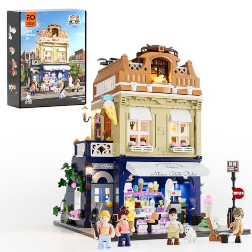 FUNWHOLE Stadtleben Eisdiele Klemmbausteine Haus,Modular Building mit Beleuchtung,F9078,Gelato Store