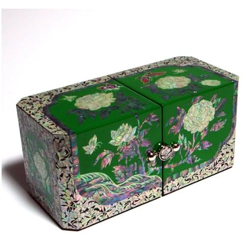 Mother of Pearl Wooden Jewellery Box with Peony Design Lacquer, Asian Blue Cover