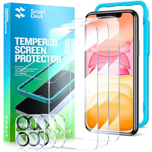 SMARTDEVIL 3 Pack Screen Protector for iPhone 11 with 3-Pack Camera Lens Protector, 9H Clear Tempered Glass Film [Military Grade Shatterproof], Alignment Frame [Easy Installation] iPhone 11