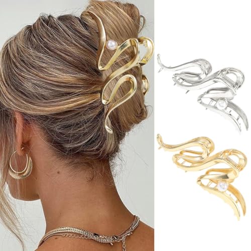 CAKURE Metal Claw Clips Gold Hair Clips Claw Pearl Hair Clip Large Nonslip Stylish Hair Accessories for Women (Pack of 2)