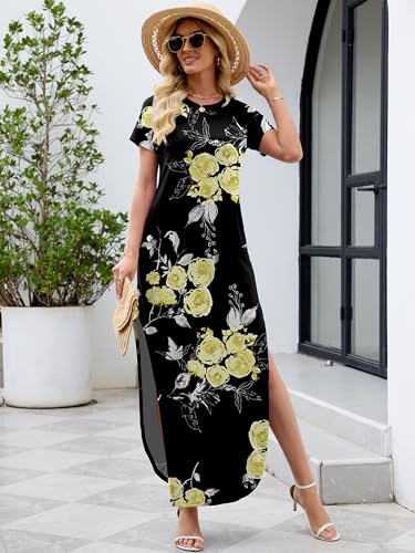 Image of Heymoments Womens Summer Maxi Dress Short Sleeve Casual Loose Long T Shirt Split Vacation Beach Sundress with Pockets
