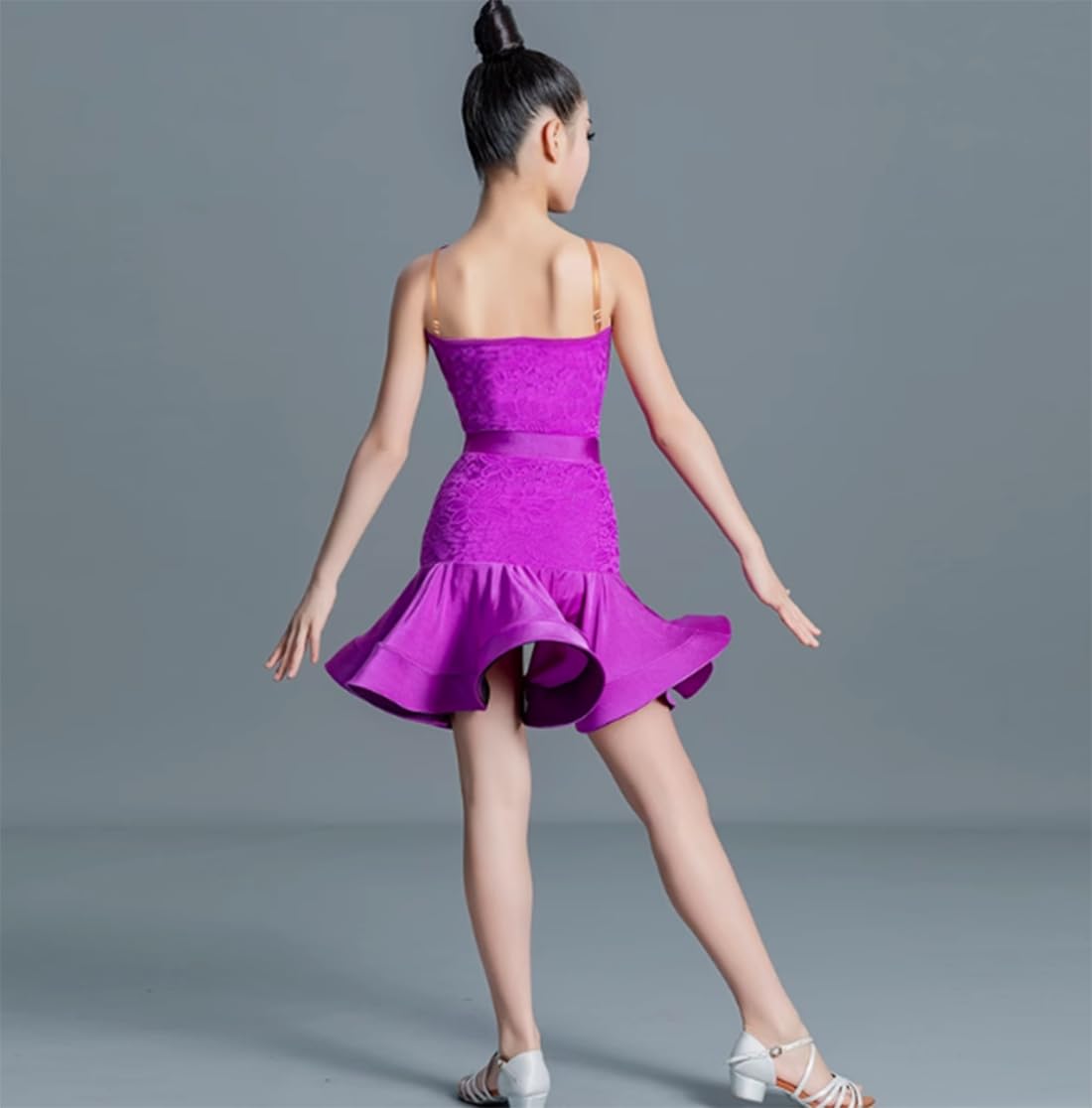 OTMYIGO Vestito Latino in Pizzo per Ragazze, Abito da Ballo Rumba Samba Gonna Abbigliamento da Ballo Moderno Costume da Ballo per Competizione