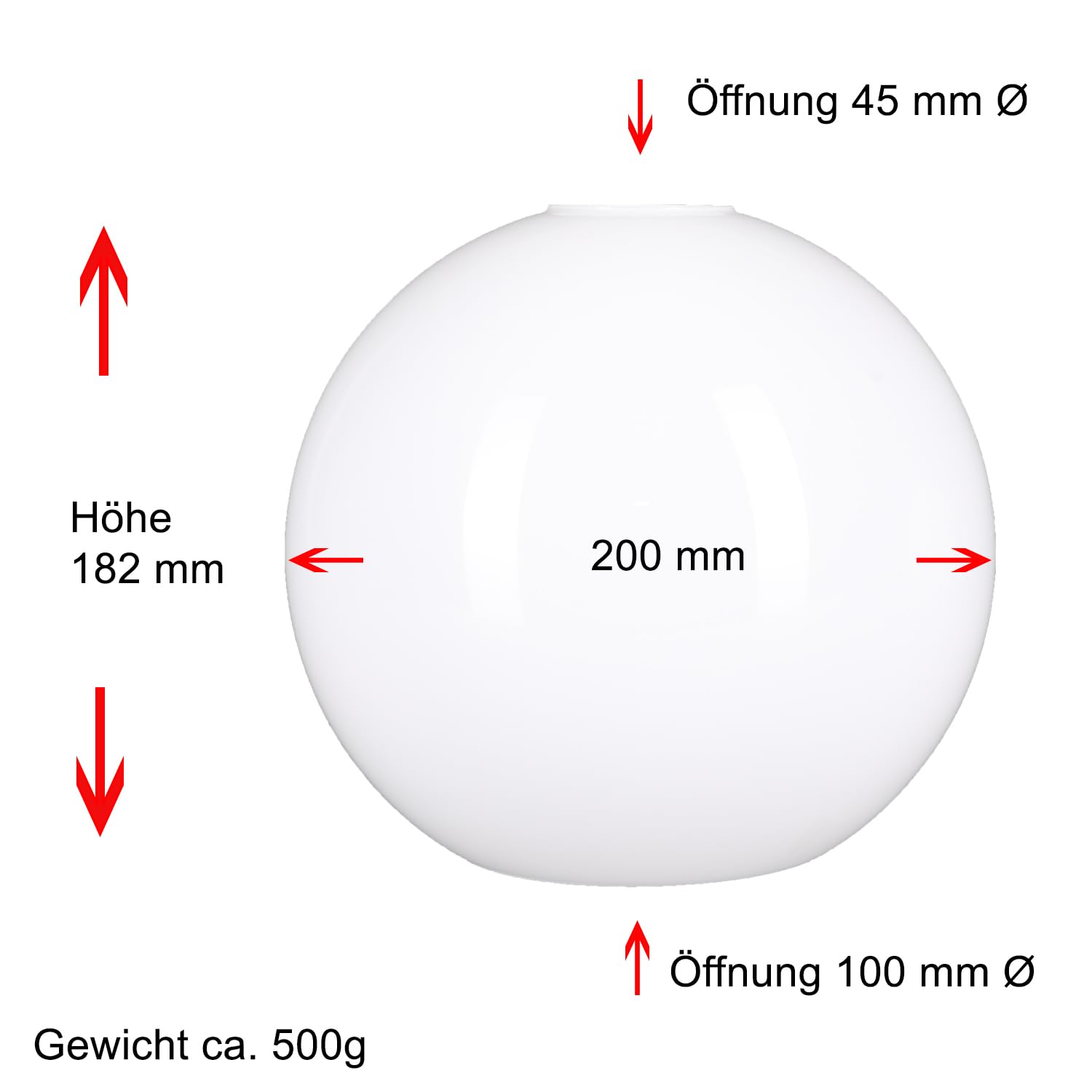 Kugelglas Lampenglas Ersatzglas Weiß glänzend Ø 200mm E27 Leuchtenglas Glaskugel Glasschirm Opalglas