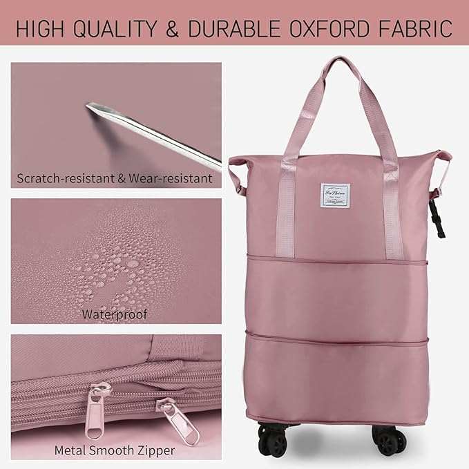 Image of TEKCOOL Duffel Trolley Bags for Travel,Luggage Bags for Travel,Rolling Duffle Bag with Wheels,Travel Bags for Luggage Trolley,Expandable Foldable Duffle Bag with Wheels - Pink'