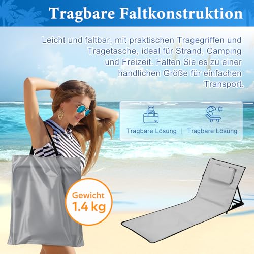 Ikodm Strandmatte 2X, Strandliege klappbar leicht, Strandmatte Faltbar mit 5-stufig Verstellbarer Rückenlehne, Tragbar, inklusive Tragetasche, Beachmatte für Urlaub, Garten, Camping -Hellgrau