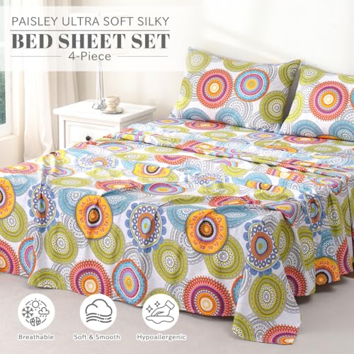 Bedlifes Full Sheet Set Ultra Soft, Breathable, Silky Flower Deep Pocket 100% Microfiber Bedding, 4 Piece Full Size Mandala Patterned