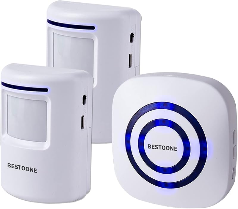 BESTOONE Alarma con sensor de movimiento, alarma inalámbrica de largo alcance para entrada, sistema de seguridad interior para el hogar, timbres eléctricos, 2 detectores de movimiento y 1 alarma, 38 melodías de timbre, indicador LED