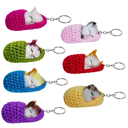 Miayon 7pcs Sleeping Cat Toy Fluffy Mini Kittens in Slippers Hanging Ornament Stuffed Small Cat Toy Gift for Kids Sleeping Kittens Key Chain Decor for Bags, Home, Office