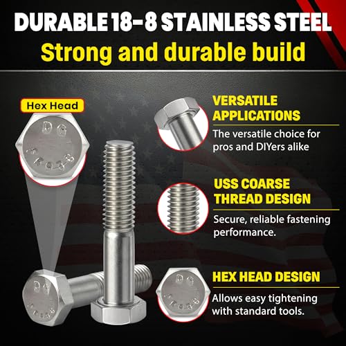 Image of Chenango Supply 3 /8-16 x 2 Stainless Steel Hex Head Bolts - 304 Stainless, USS Coarse Thread, 100,000-125,000 PSI Tensile Strength, Corrosion-Resistant Hardware Bolts, (25 Pieces, 3 /8-16 x 2)