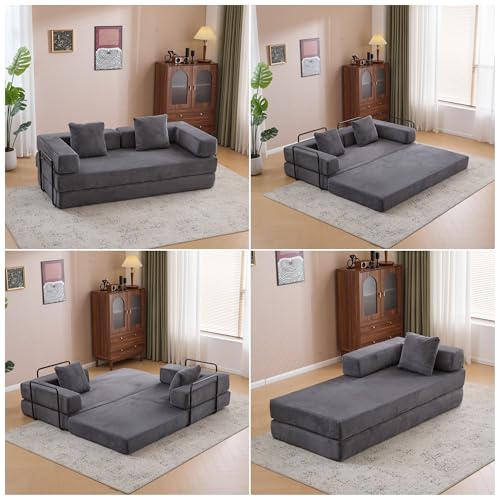 Image of Convertible Floor Sofa Bed, Foldable Mattress Cloud Couch with Pillow Back & Armrest, Corduroy Sleeper Sofa Bed with Fixed-Shape Frame, Compressed Couch for Living Room Bedroom, Dark Gray