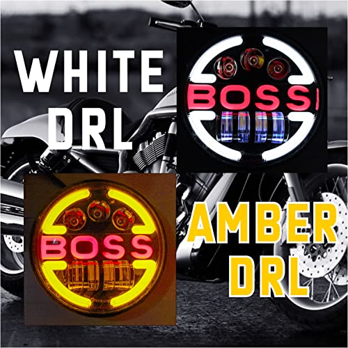 Image of Miwings Round LED Boss Style Hi /Low Beam 75W H4 Headlight Compatible with Royal Enfield, Jeep, Thar, Motorcycle, Cars, Harley Davidson, Amber & White, 7 inch