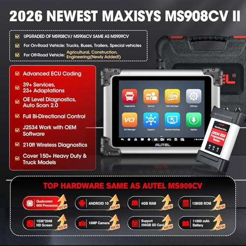 Autel MaxiSys MS908CV II Top CV Scanner, 2026 V2.0 of MS908CV Heavy Duty Diesel Truck Diagnostic Tool, OE-Level J2534 Functions, Lite of MS909CV, Bidirectional 3000+ Test, 64 Services, 10 OS 4/128GB - Image 3