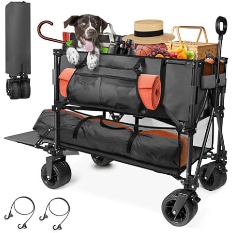 HOPERAN 400L Double Decker Wagon Cart with Wheels Foldable, 54" Extra Long Collapsible Wagon, 550LBS Load Heavy Duty Wagons Carts, Beach Wagon Cart with All-Terrain Big Wheels for Camping, Black Cover