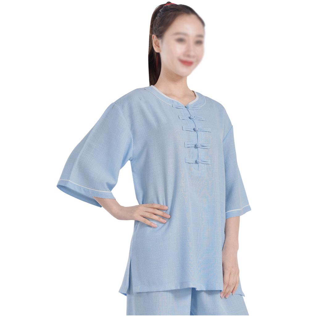ZHOUXIAO Dorosły tradycyjny mundur tajskiego unisex zen odzież do medytacji sztuki walki garnitur Kung Fu poranna ćwiczenia odzież krótki rękaw kurtka koszula spodnie niebieski-L