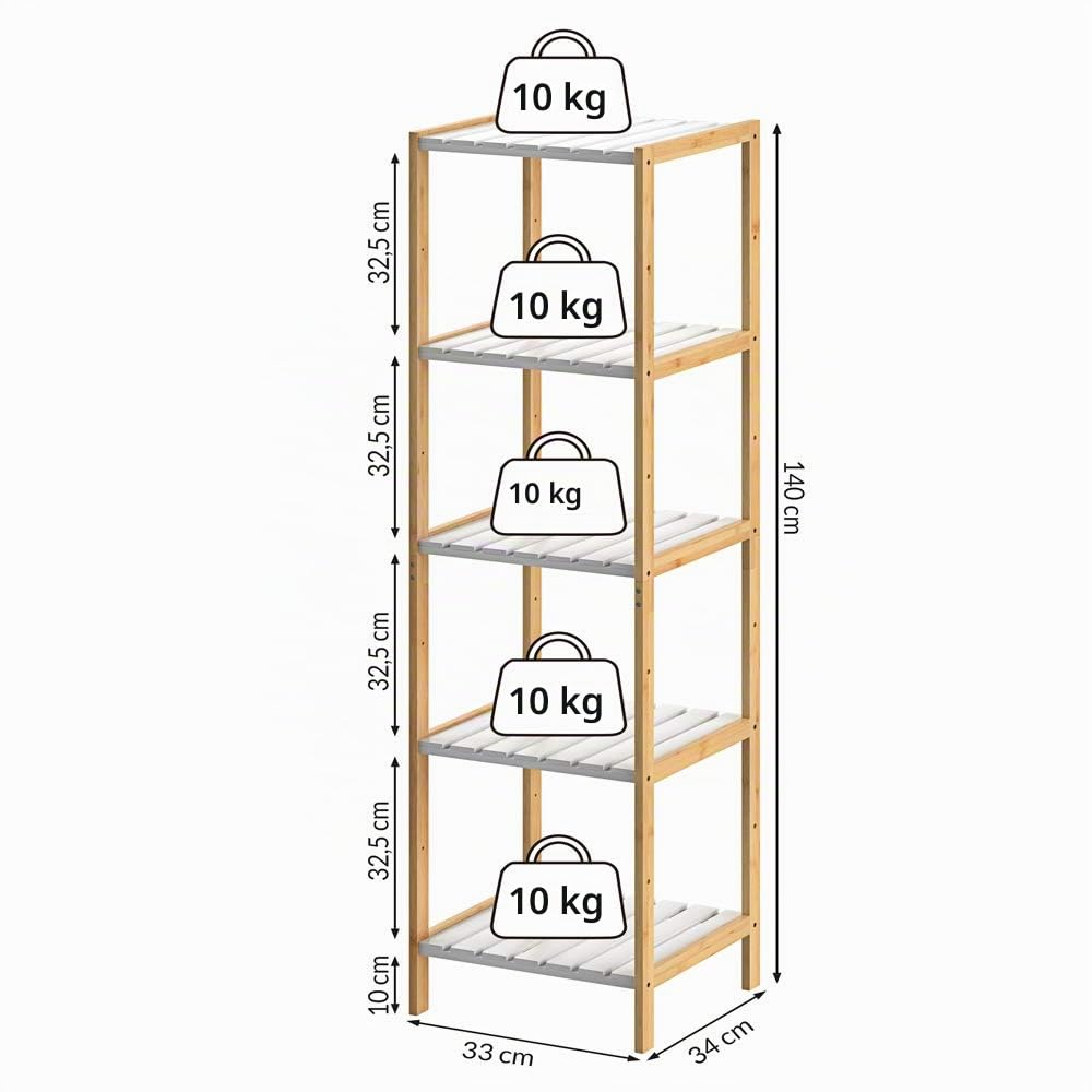 Casaria Scaffale da Bagno & Cucina 5 Ripiani Bambù Mobile a Colonna Portaspezie Scarpiera